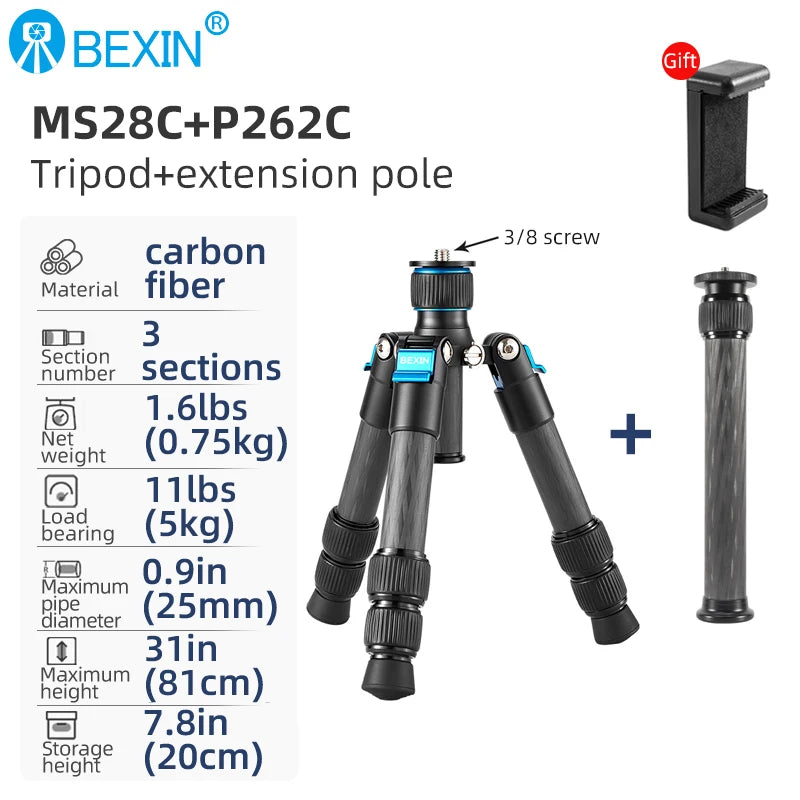 BEXIN Carbon Fiber Mini Tripod Extendable Feet Lightweight Compact Desktop Tripod for DSLR Camera Phone Magic Arm Accessories