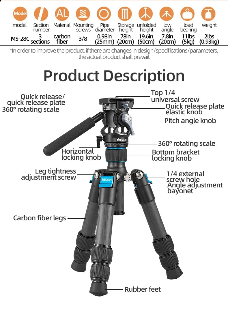 BEXIN Carbon Fiber Mini Tripod Extendable Feet Lightweight Compact Desktop Tripod for DSLR Camera Phone Magic Arm Accessories