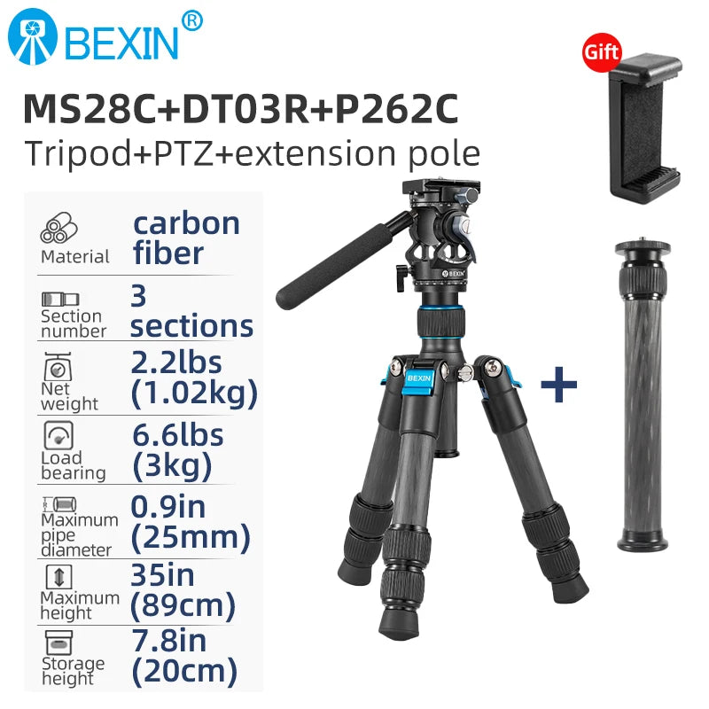 BEXIN Carbon Fiber Mini Tripod Extendable Feet Lightweight Compact Desktop Tripod for DSLR Camera Phone Magic Arm Accessories