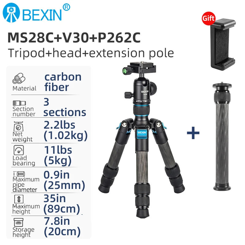 BEXIN Carbon Fiber Mini Tripod Extendable Feet Lightweight Compact Desktop Tripod for DSLR Camera Phone Magic Arm Accessories