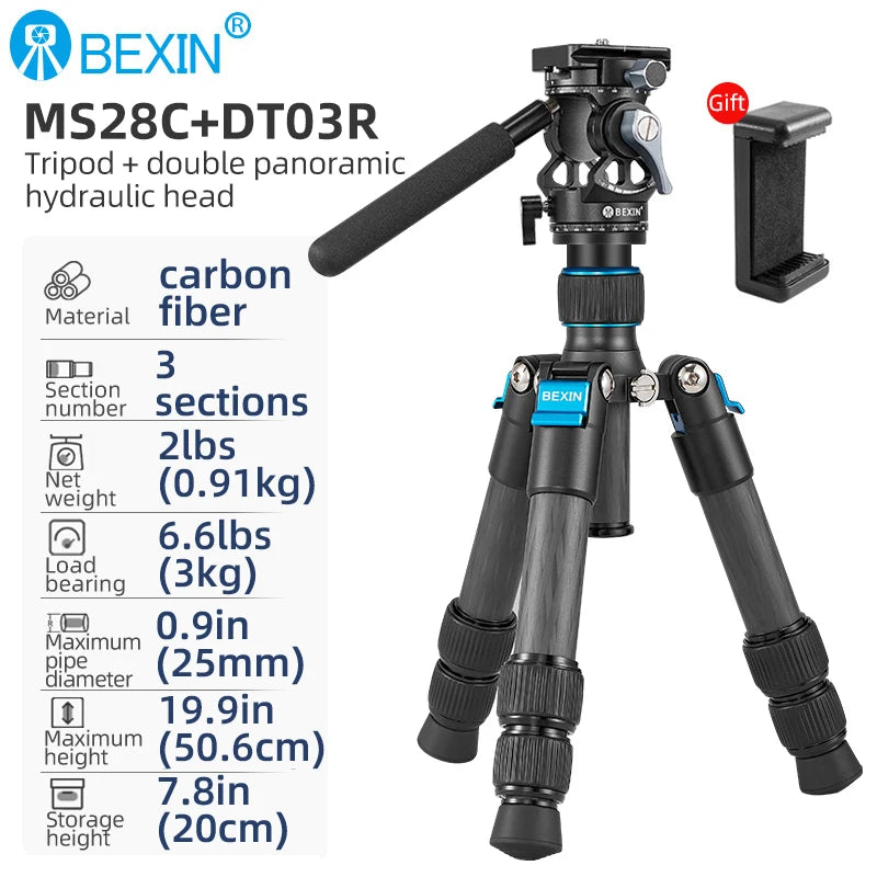 BEXIN Carbon Fiber Mini Tripod Extendable Feet Lightweight Compact Desktop Tripod for DSLR Camera Phone Magic Arm Accessories