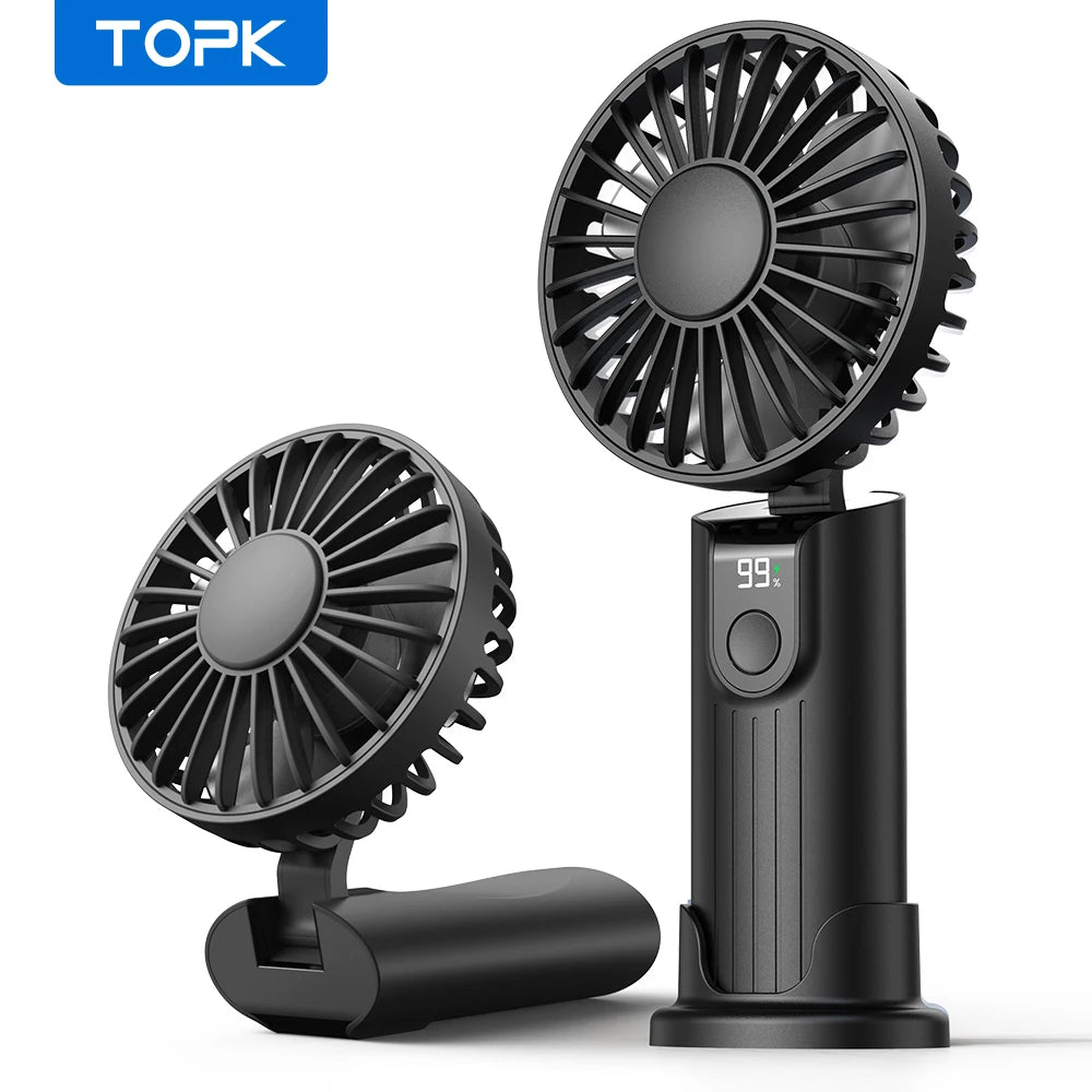 TOPK 5000mAh Mini Portable Fan USB Rechargeable Hand Held Fan,Small Pocket Fan 3 Speeds with Lanyard &Base,USB Desk Fan Foldable